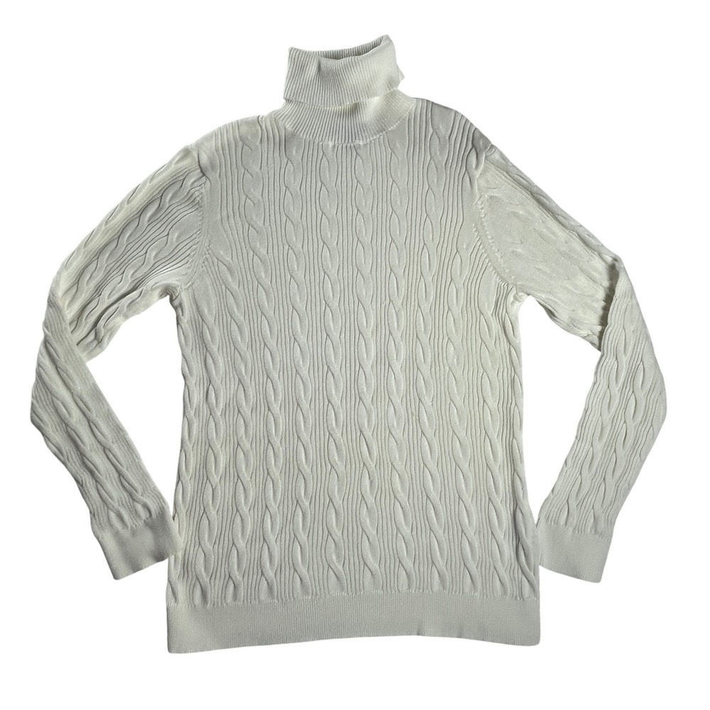 Lands' End‎ Cream Cable Knit Turtleneck Sweater Preppy L 14-16